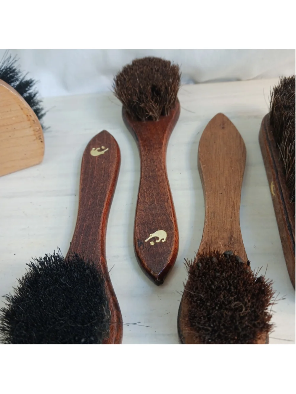Lot Of 6 Vintage Shoe Shine Brushes Wooden Handle Horsehair, Kiwi Paddle
